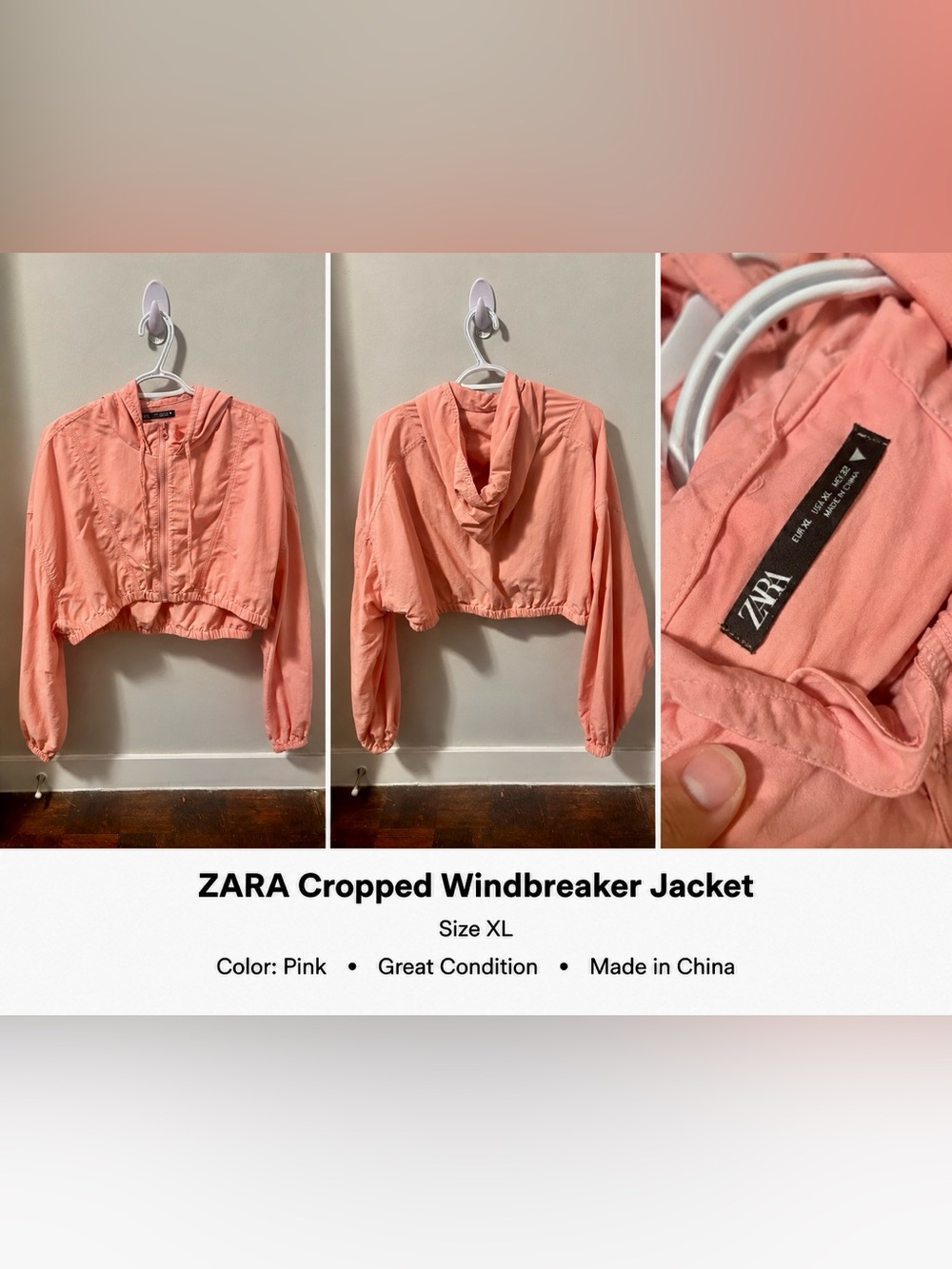 Zara Coral-Pink Cropped Hooded Windbreaker